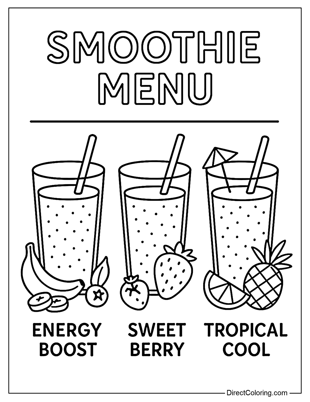 Coloring page of smoothie menu board with 3 cups named: Energy Boost - Sweet Berry - Tropical Cool.